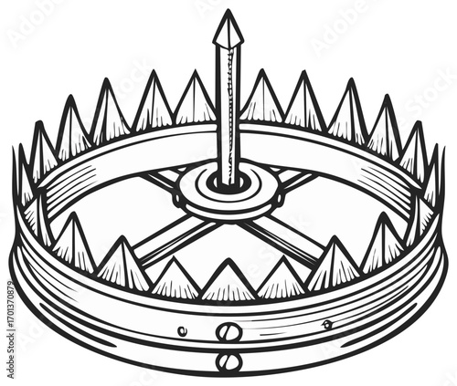 Line art bear trap with spikes, hunting snare danger illustration