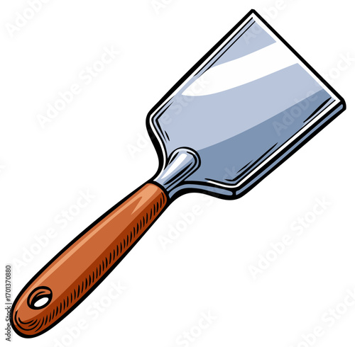 Illustration of cake server tool with wooden handle and metallic surface, vintage style kitchenware utensil isolated on white background