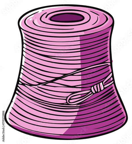 Bright pink thread spool cartoon illustration for creative sewing, embroidery, and textile craft projects.