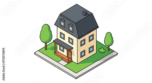 a charming house with blue windows and green trees nearby