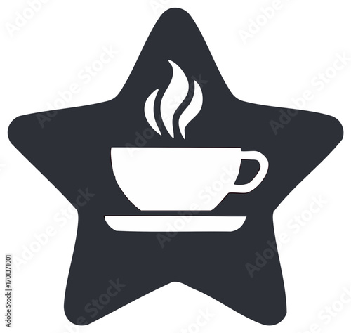 Hot beverage icon, warm drink in cup with steam, simple graphic inside star shape
