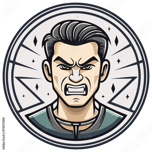 Angry Man Face Cartoon Character with Fierce Expression Emblem