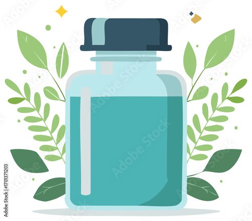 Herbal remedy or cosmetic serum in a glass jar with botanical plant elements flat illustration
