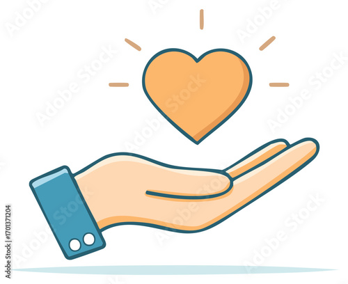 Cartoon hand presenting a vibrant glowing heart representing love care and generosity
