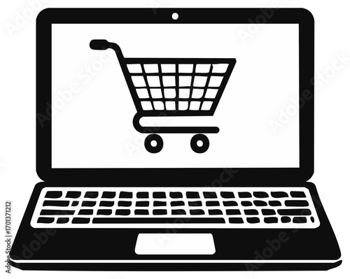 Laptop displaying a shopping cart icon symbolizing online commerce and e-shopping