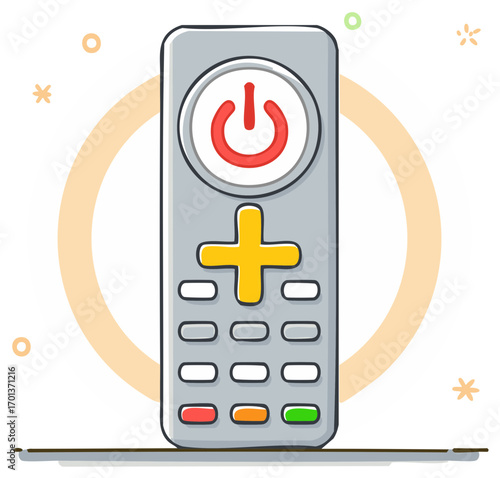 Modern cartoon remote control with red power button and yellow directional pad in doodle style