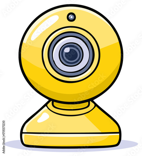 Bright yellow cartoon webcam with blue lens and small microphone hole on base