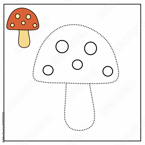 Mushroom tracing worksheet with dotted outline for kids. Great for practicing fine motor skills, preschool handwriting, and early learning activities.