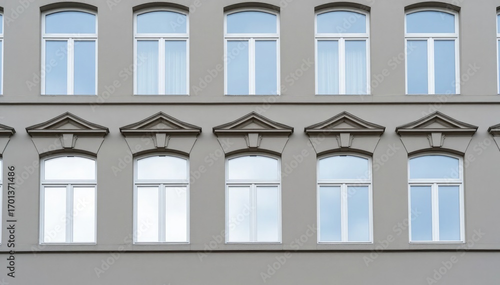Obraz premium Multiple windows on a grey building facade with decorative elements