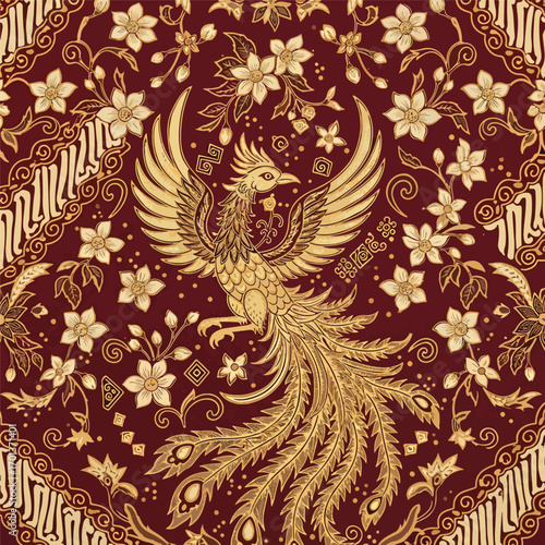 Intricate golden phoenix illustration with floral elements on a maroon batik fabric background, seamless pattern, Stock royalty image.