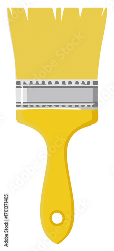 A yellow paint brush with a silver metal ferrule and a hole in the handle for hanging