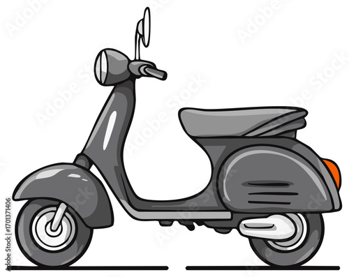 Vintage style grey scooter illustration, offering affordable urban transport and travel around town, perfect for a retro look.