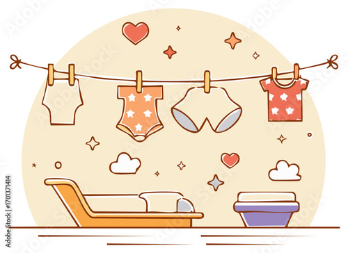 Cute Baby Clothes on Clothesline with Bathtub, Stars, Hearts, Clouds, and Changing Table Illustration