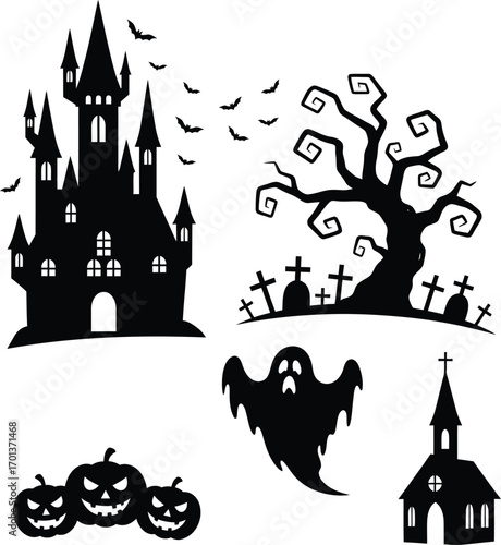 Black silhouettes of a castle bats a spooky tree a graveyard pumpkins a ghost and a church