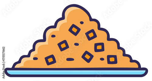 Pile of orange food with dark squares and circles served on a plate