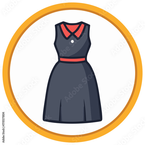 Elegant Gray Dress Icon with Red Collar and Belt for Fashion Apparel Design