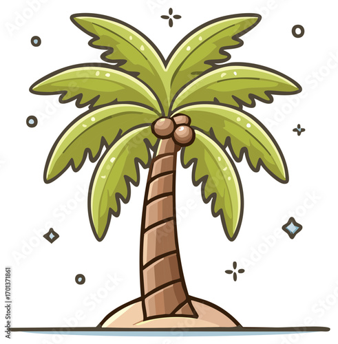 Stylized Palm Tree with Coconuts on Sandy Island Tropical Beach Illustration