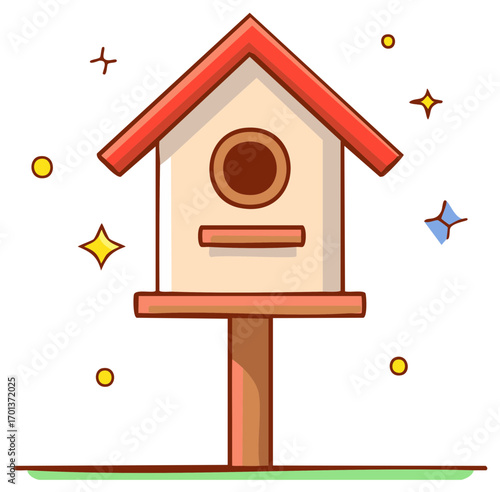 Whimsical Cartoon Birdhouse with Decorative Elements and Sparkles