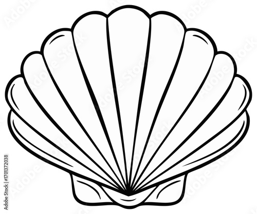 Simple scallop seashell line art illustration, black and white clam shell graphic icon