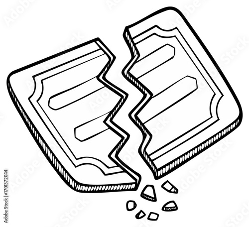 Cracked Square Cookie in Sketch Style Showing Breakage and Crumbs Falling Away