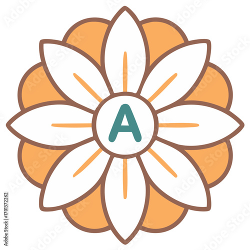 Flower Illustration with the Letter A, Floral Design with Petals and Geometric Pattern