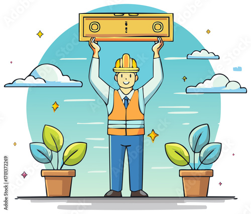 Smiling male engineer wearing safety gear holding a spirit level tool for construction