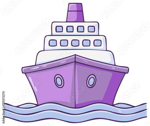 Purple cartoon cruise ship sailing on blue wavy water front view