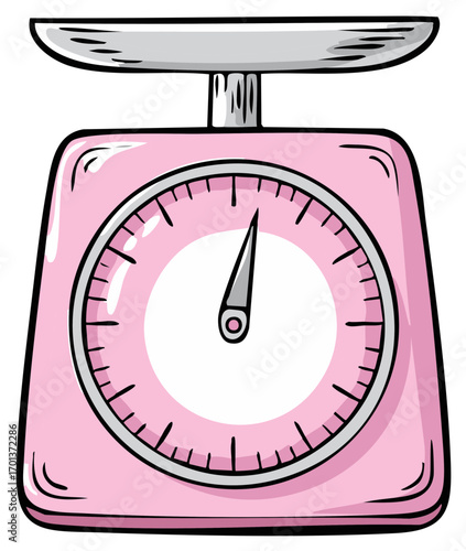 Pink kitchen scale illustration with silver plate for food weighing