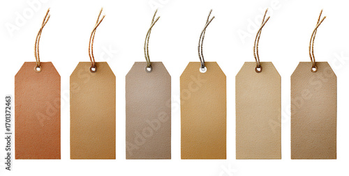 Six blank kraft paper tags with string isolated on transparent background