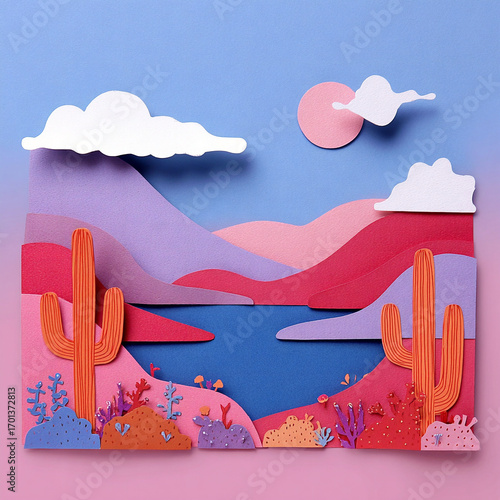 Desert - A vast blue expanse with orange cactus
