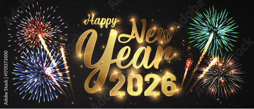 Happy new year 2026 Elegant text with light effect and fireworks.