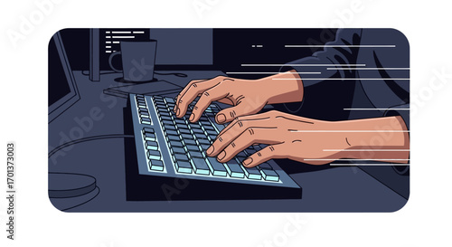 Abstract illustration of hands typing on a computer keyboard with motion blur, representing productivity, fast-paced work, and digital communication in a modern workspace at night