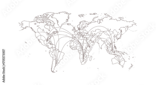 Global connectivity map illustrating international travel routes and trade links across continents and oceans, symbolizing worldwide commerce and communication