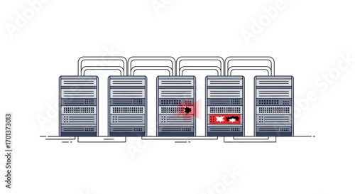 A row of identical computer servers, interconnected by cables, stands on a platform, suggesting a data center or network infrastructure, with a red cursor highlighting one of the units