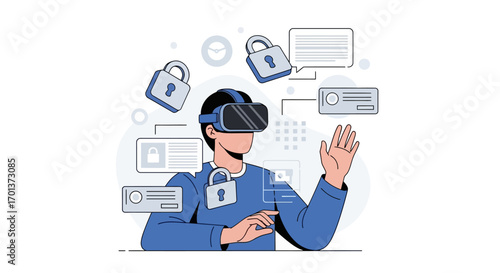 Virtual reality and digital security concept illustration with a person wearing a VR headset surrounded by digital elements and security icons, representing data protection
