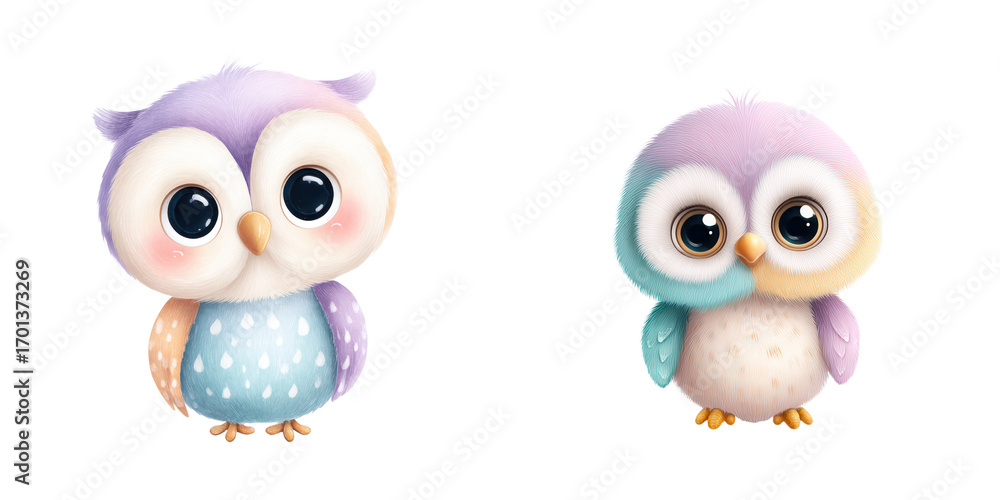 Fototapeta premium Cute baby owls with pastel feathers in whimsical style, showcasing their big eyes and charming expressions., isolate on transparent background