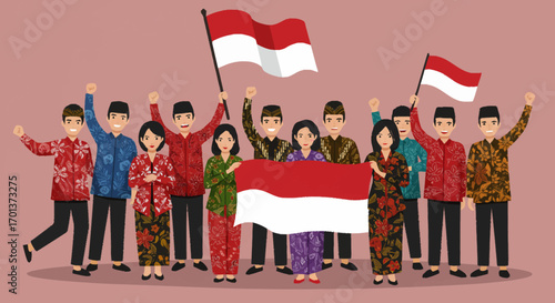 Joyful crowd of Indonesian citizens proudly displaying their national flag and traditional clothing, celebrating unity and patriotism with vibrant enthusiasm