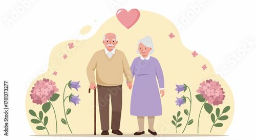 Heartwarming illustration of a loving elderly couple holding hands amidst a whimsical garden, symbolizing enduring romance and cherished moments of life