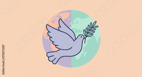 Peace symbol of a dove carrying a branch with the Earth in the background, representing global harmony and unity