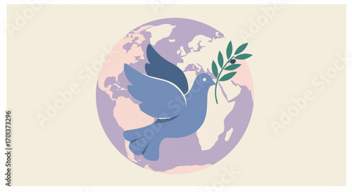 A dove carrying an olive branch flies in front of a stylized globe, symbolizing peace and unity across the world