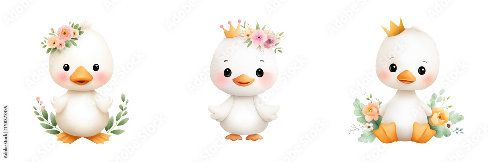 Fototapeta premium Cute baby swans adorned with pastel florals and tiny crowns, radiating joy and charm., isolate on transparent background