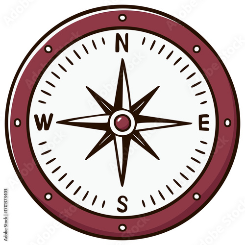 Maroon compass illustration indicating directions north south east west vector design