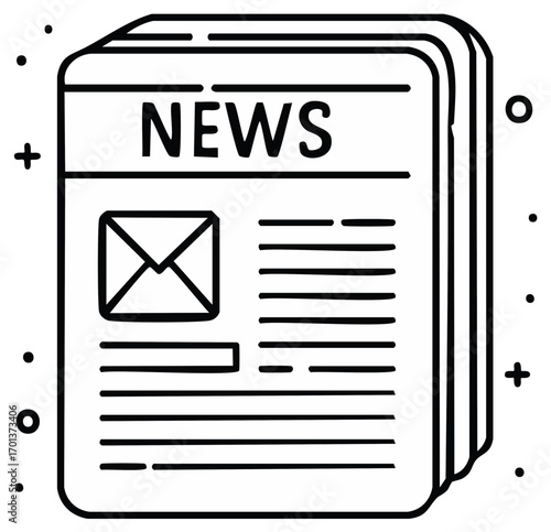 Newspaper headline labeled NEWS with envelope icon and text article illustration