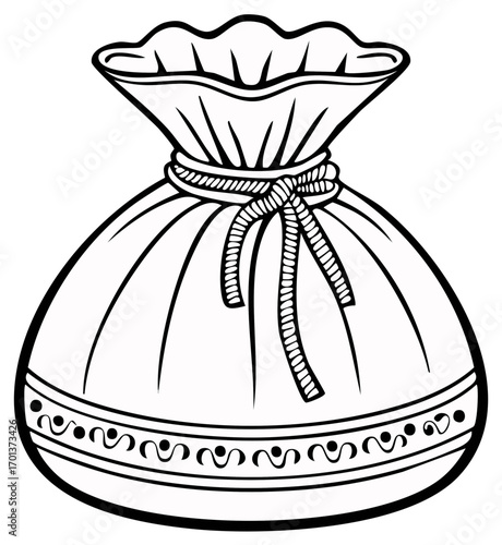 Festive drawstring pouch with decorative border and rope tie