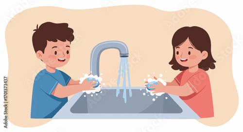 Children Washing Hands with Soap and Water in a Bathroom Sink to Maintain Hygiene and Health
