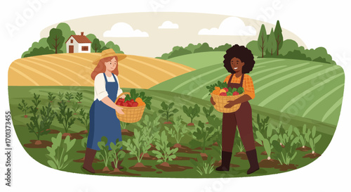 Vector illustration of diverse women farmers working together, gathering a bountiful harvest of fresh vegetables in a scenic rural landscape