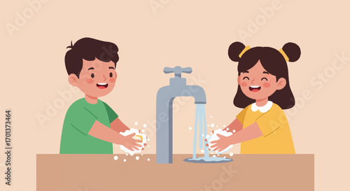 Children washing hands under a faucet with soap and water, illustrating hygiene and health practices