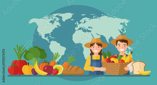 Vector illustration celebrating World Food Day with farmers showcasing a fresh harvest against a global map background