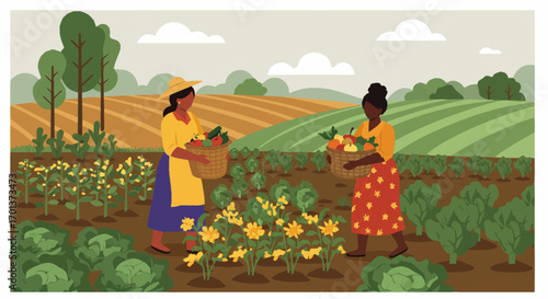 Vector illustration of two women working together in a community garden, harvesting fresh vegetables and flowers from a sustainable farm