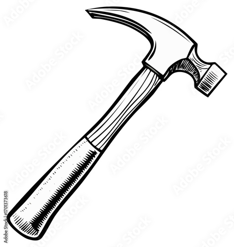 Black and white hammer illustration, construction tool for woodworking, isolated on white.